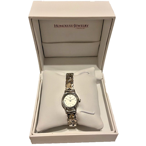 NIB Honolulu Jewelry Co Voila .925 Sterling Hawaiian Plumeria Scroll Watch - Picture 1 of 7